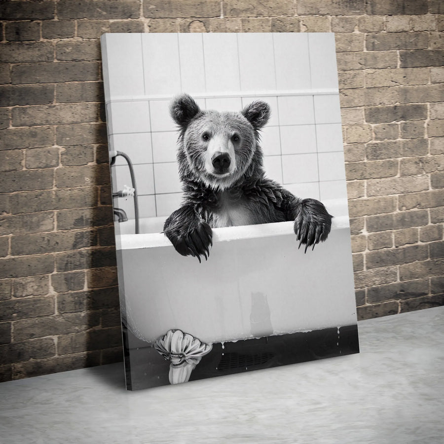 Bear in Bathtub Wall Art | Funny Animal Portrait Photography | Premium 1.25-Inch Gallery Wrapped Canvas | Whimsical Bathroom Decor