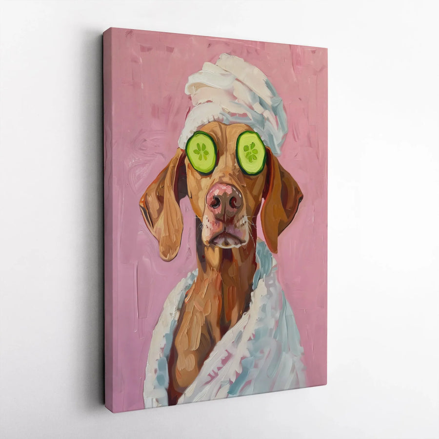 Funny Dog Spa Vertical Canvas | Painterly Vizsla Portrait with Cucumber Eyes | Premium Gallery Wrapped Canvas | Humorous Gift for Dog Lover