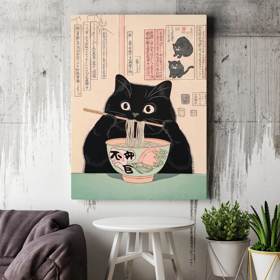 Ukiyo-e Black Cat Canvas Wall Art | Japanese Ramen Eater Illustration | 1.25 Inch Gallery Wrap | Unique Kitchen & Home Decor Gift