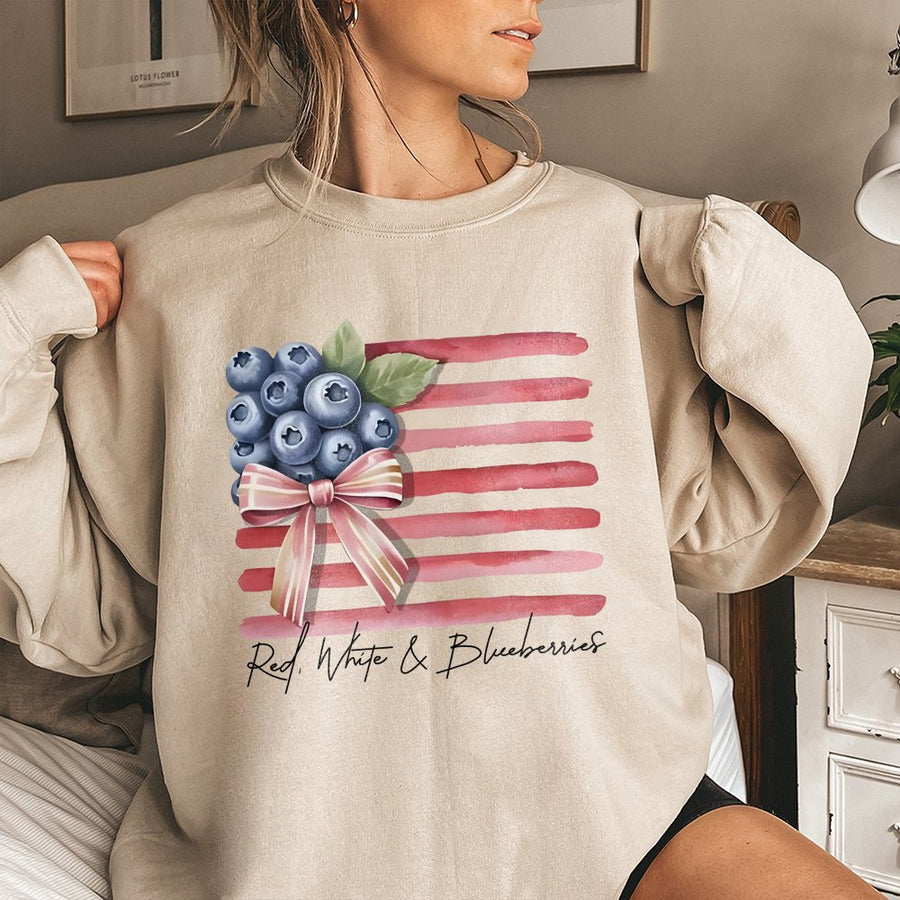 Red White And Blueberries Sweatshirt | Patriotic American Flag Fruit Design | Soft Cotton Blend Crewneck | Fourth of July Gift for Women