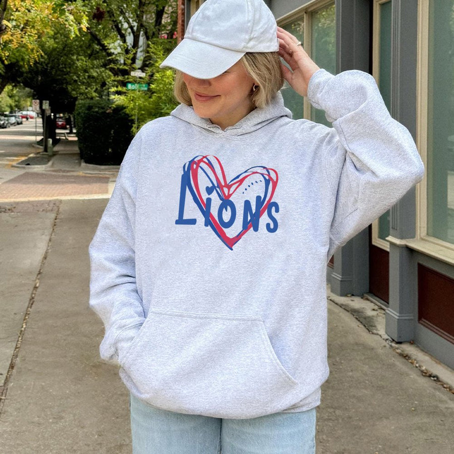 Lions Football Heart Hoodie | Doodle Sport Graphic Pullover | Premium Cotton Blend Sweatshirt | Game Day Fan Gift for Women Men