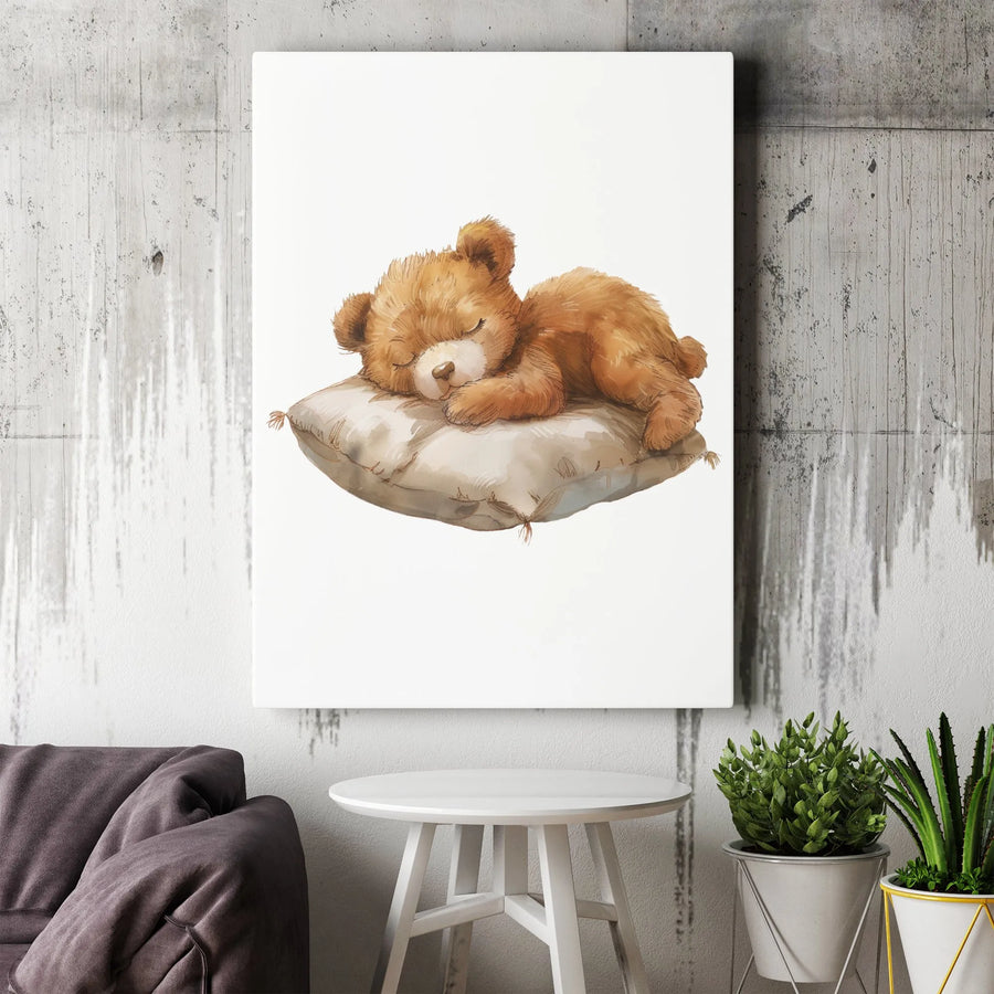 Sleeping Teddy Bear Canvas Wall Art | Watercolor Nursery Decor | 1.25 Inch Gallery Wrap | Cute Animal Gift for Baby Room