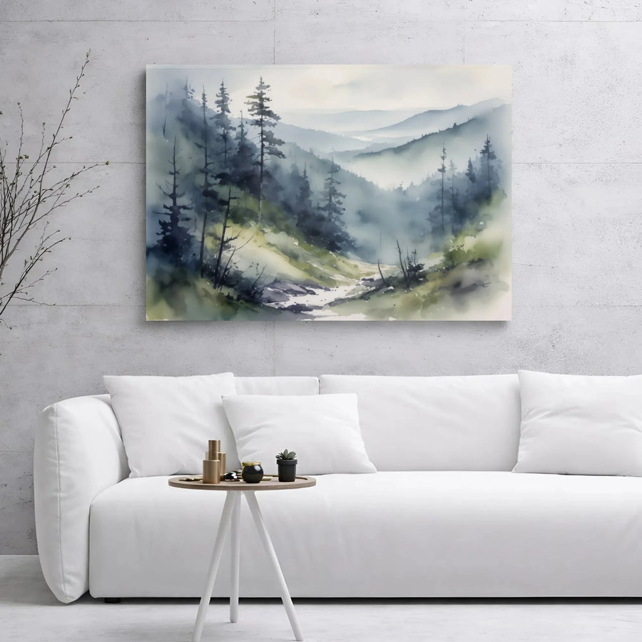 Misty Mountain Forest Canvas | Watercolor Pine Tree Landscape Art | 1.25" Gallery Wrap Premium Decor | Nature Wall Art For Living Room