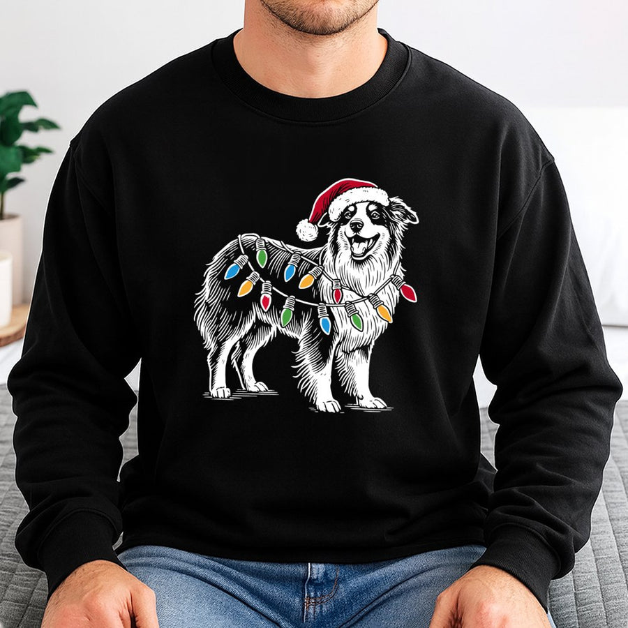 Australian Shepherd Christmas Sweatshirt | Festive Santa Hat and Lights Graphic | Soft Cotton Blend Unisex Pullover | Holiday Dog Lover Gift