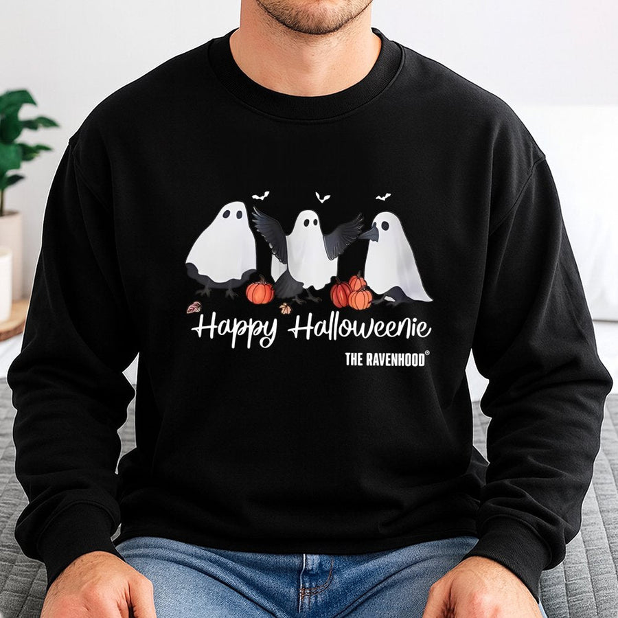 Happy Halloweenie Sweatshirt | Ghostly Raven Book Club Graphic | Soft Cotton Blend Crewneck | Cute Spooky Season Gift For Book Lovers