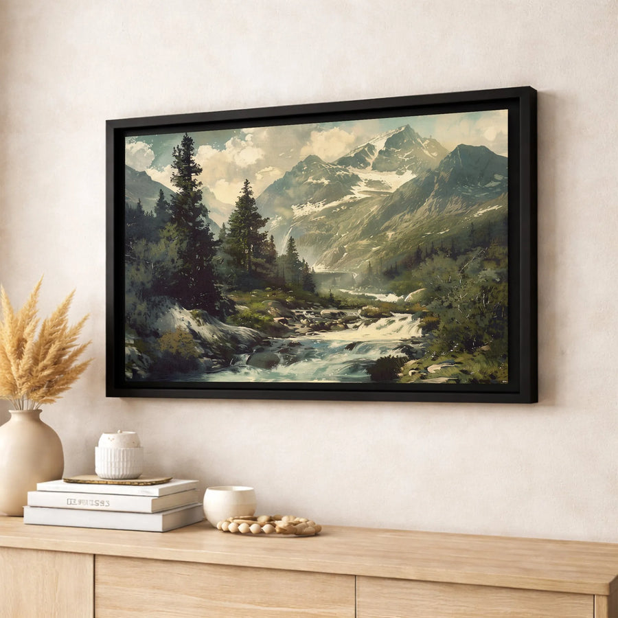 Mountain River Landscape Canvas Art | Vintage Scenery Wall Decor | Premium Fade-Resistant Print | Gallery-Wrapped Nature Gift for Living Room