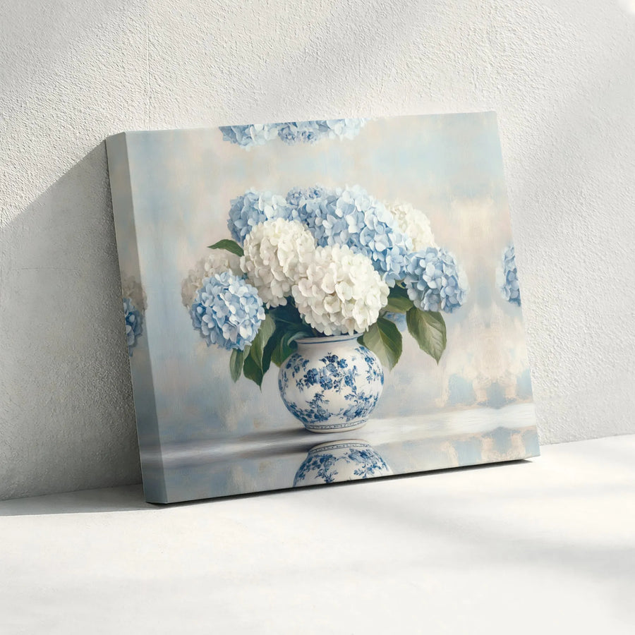 Blue And White Hydrangea Canvas Art | Still Life Floral Painting in Chinoiserie Vase | Premium Gallery Wrapped Decor | Elegant Home Gift