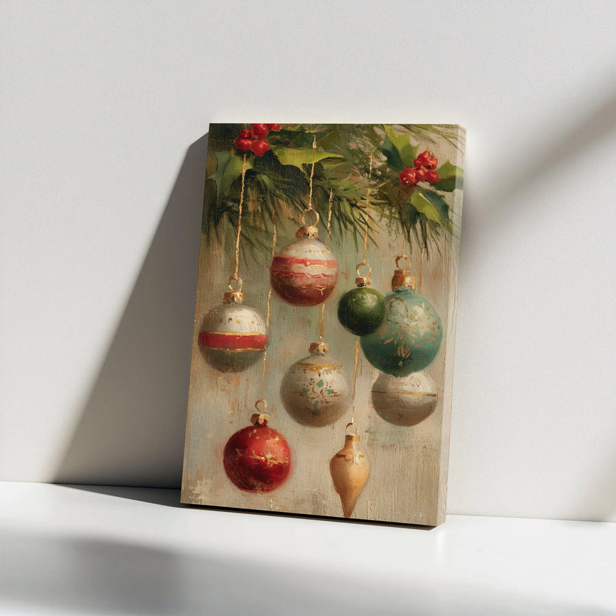 Vintage Christmas Ornaments Canvas Wall Art | Holly Berries Oil Painting Style | Premium Gallery Wrap Decor | Festive Holiday Home Gift
