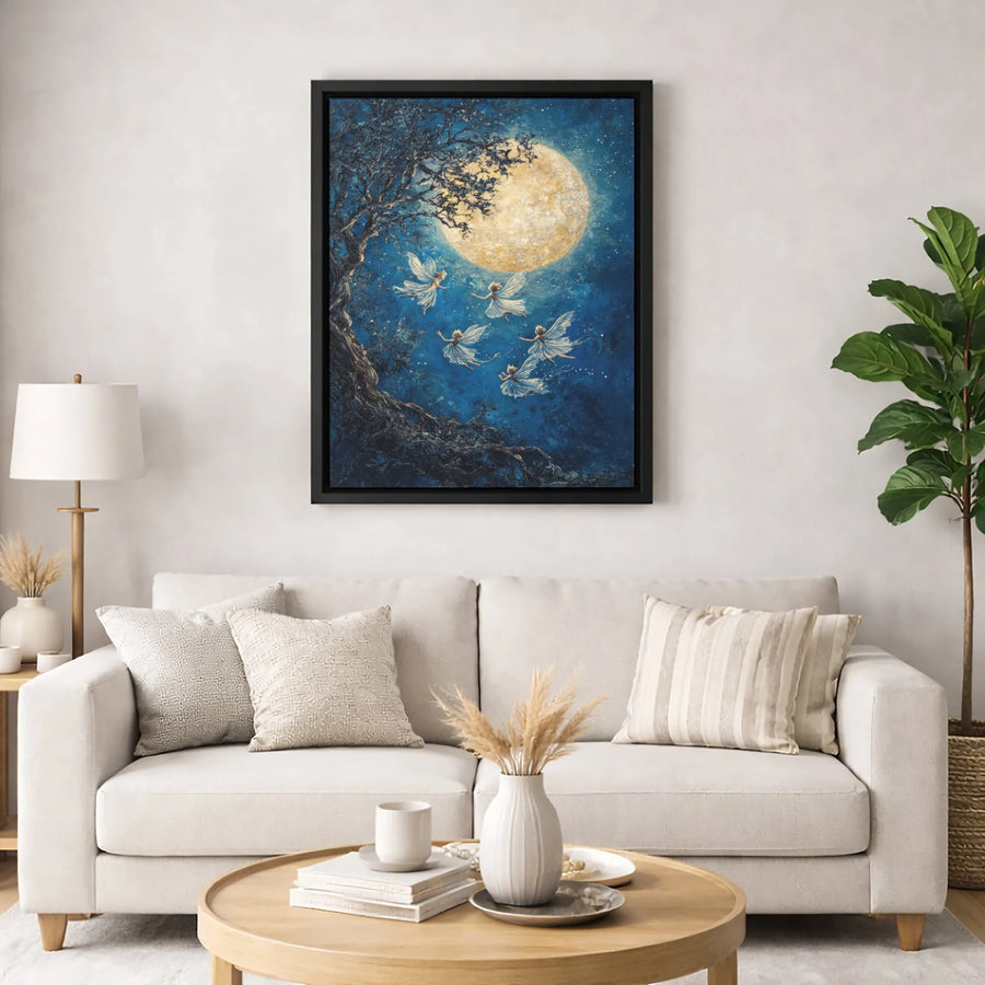 Fairy Wall Art Canvas | Magical Forest Full Moon Night Scene | Premium Fade-Resistant Print | Whimsical Nursery & Home Decor Gift