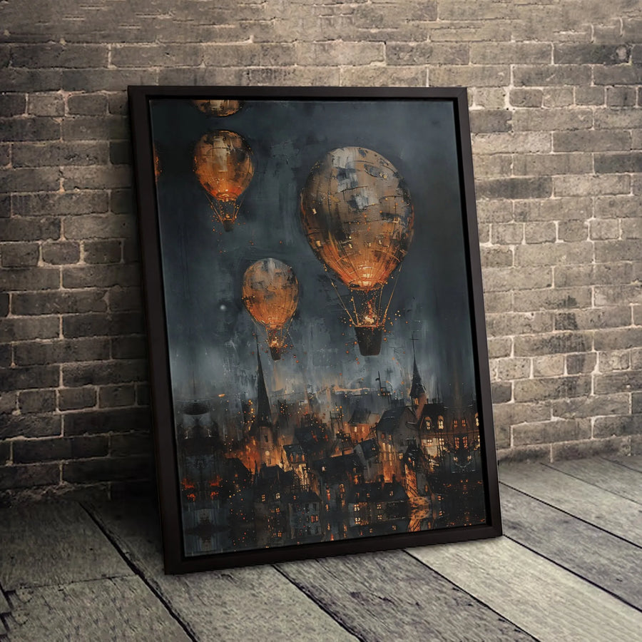 Steampunk Hot Air Balloon Canvas Print | Gothic Night Cityscape Wall Art | Premium Fade-Resistant Decor | Moody Home Office Statement Gift