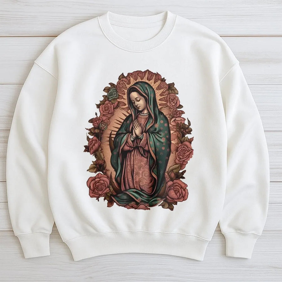 Virgen De Guadalupe Sweatshirt | Retro Floral Catholic Virgin Mary Graphic | Premium Cotton Blend Crewneck | Religious Gift For Women Men