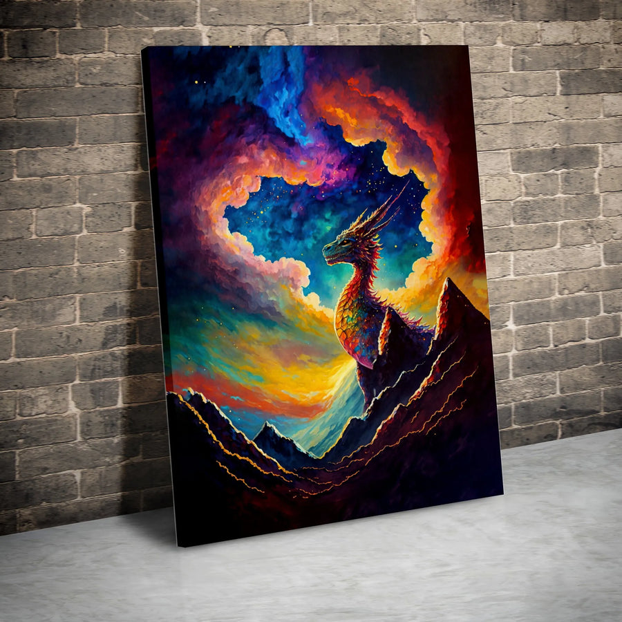Fantasy Dragon Canvas Wall Art | Vibrant Nebula Galaxy Mountain Landscape | Gallery Wrap Premium Print | Magical Home Decor Gift for Fantasy Fans