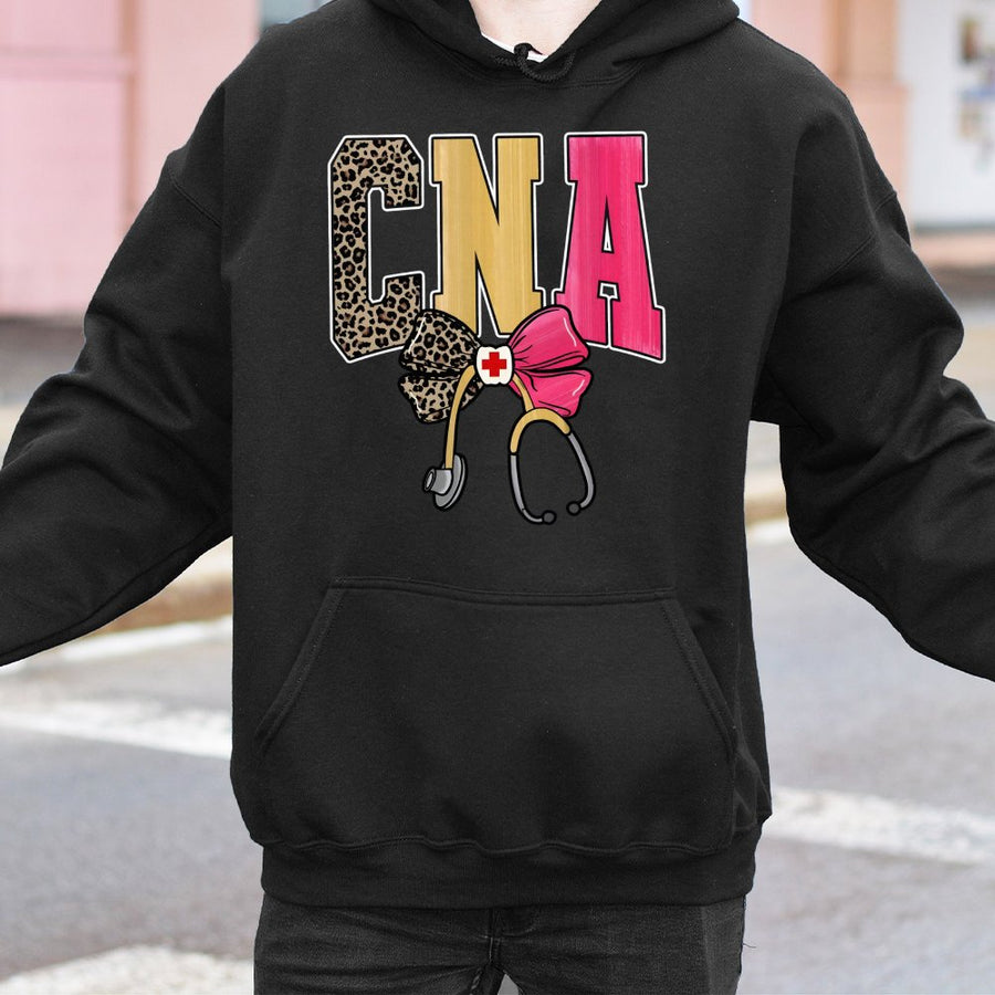 CNA Hoodie | Leopard Print Nursing Assistant Graphic with Stethoscope & Bow | Premium Cotton Blend | Graduation Gift for Nurse Assistants