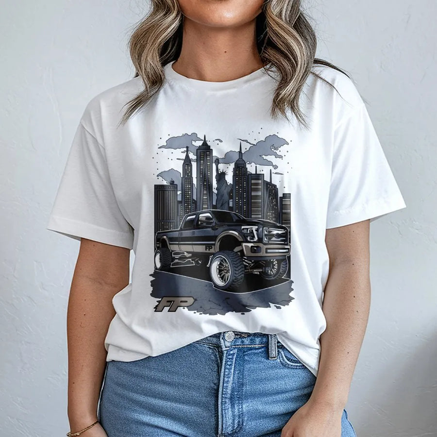 Lifted Diesel Truck T-Shirt | NYC Skyline Cityscape Graphic | Premium Cotton Streetwear | Gift For Truck Enthusiasts & Mechanics