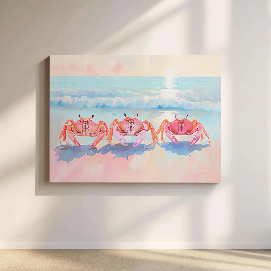 Coastal Crab Canvas Wall Art | Pastel Beach Painting Print | Gallery Wrapped 1.25" Deep Canvas | Beach House Decor Gift