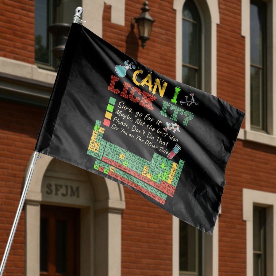 Funny Periodic Table House Flag | Can I Lick It Science Decor | Premium Weather-Resistant Polyester | Unique Chemistry Teacher Gift