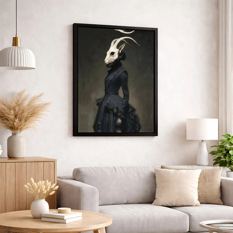 Gothic Victorian Goat Skull Portrait | Dark Surrealist Wall Art | Premium Gallery-Wrap Canvas | Spooky Home Decor Gift