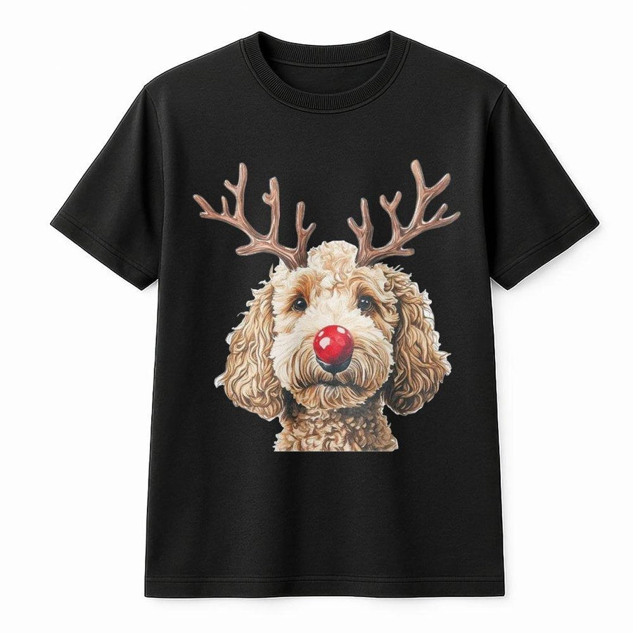 Goldendoodle Christmas T-Shirt | Reindeer Antlers and Red Nose Design | Premium 100% Cotton | Funny Dog Lover Holiday Gift