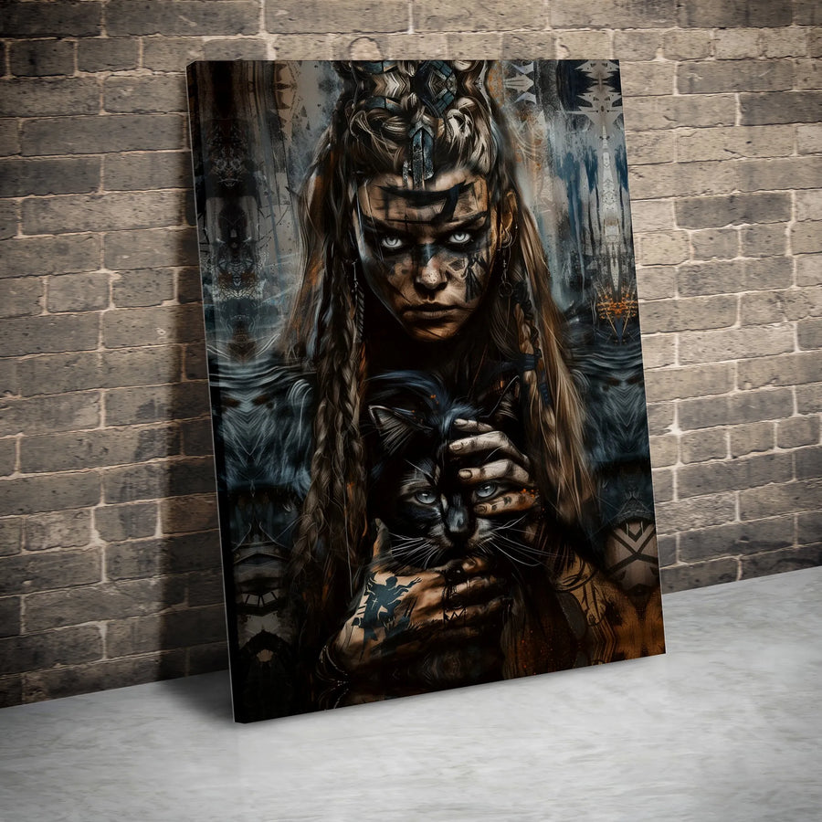 Viking Warrior Woman Canvas Art | Dark Fantasy Black Cat Portrait | Premium Gallery-Wrapped Print | Norse Mythology Gift for Home Decor