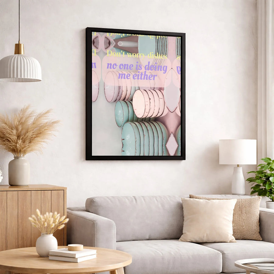 Don't Worry Dishes No One Is Doing Me Either Wall Art | Funny Kitchen Decor Sign | Premium Gallery Canvas | Gift for Home Humor Lovers