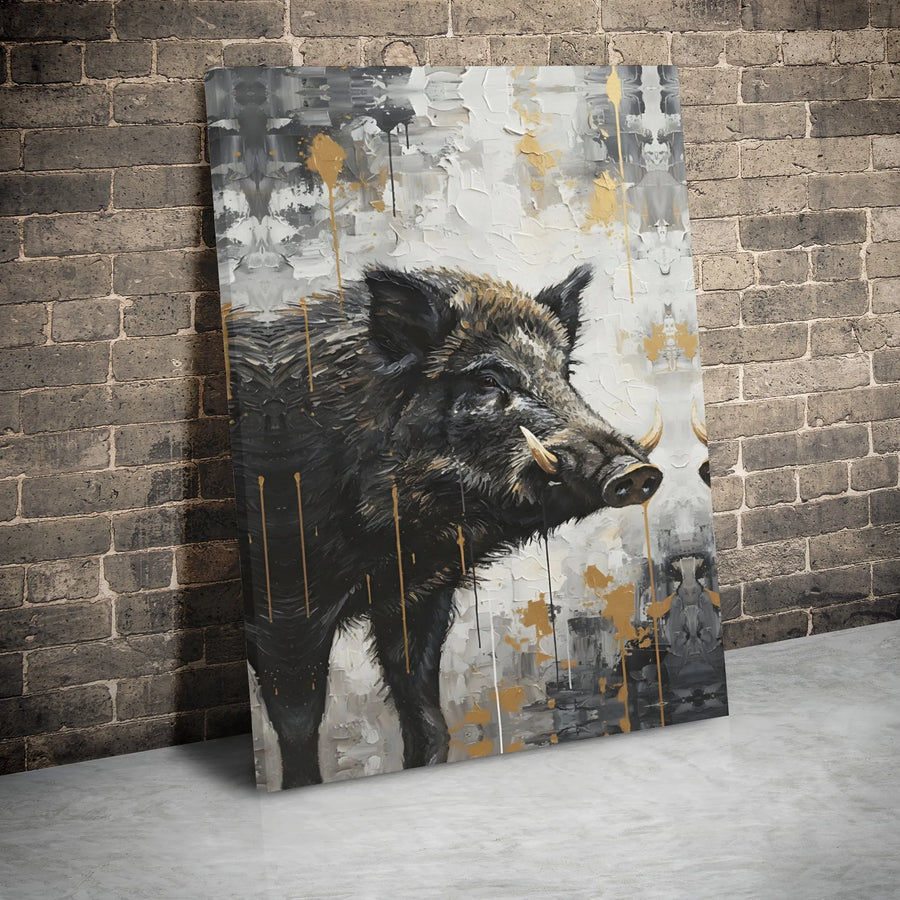 Wild Boar Canvas Wall Art | Abstract Animal Portrait With Gold Splatter | Premium Gallery Wrap Print | Modern Farmhouse Rustic Decor