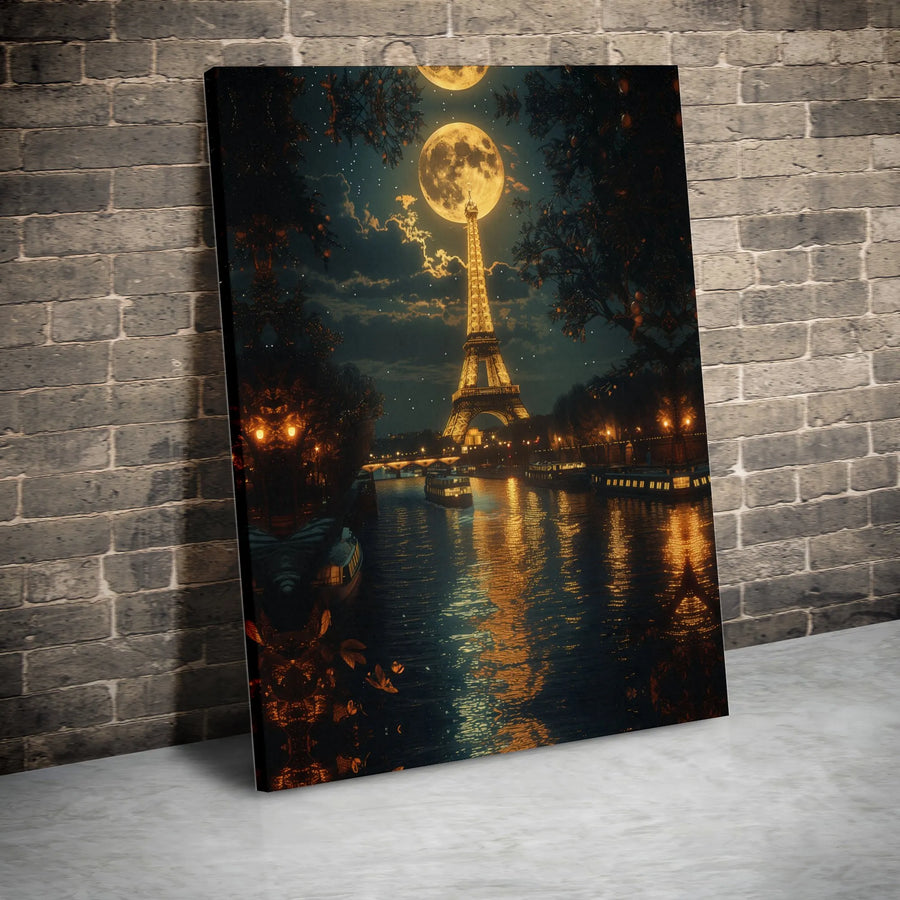 Eiffel Tower Canvas Print | Romantic Full Moon Over Seine River | Gallery Quality Canvas | Paris Lover Gift & Home Decor