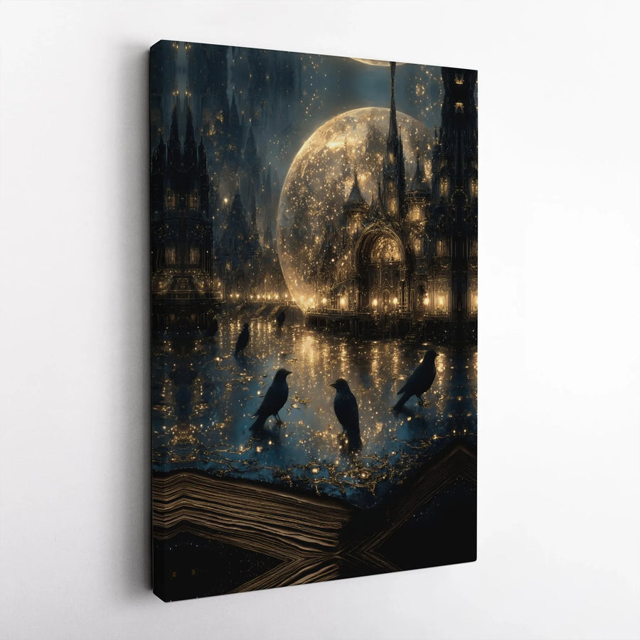 Gothic Castle Canvas Wall Art | Magical Crow Moon Fantasy Print | 1.25-Inch Premium Gallery Wrap | Dark Academia Home Decor Gift