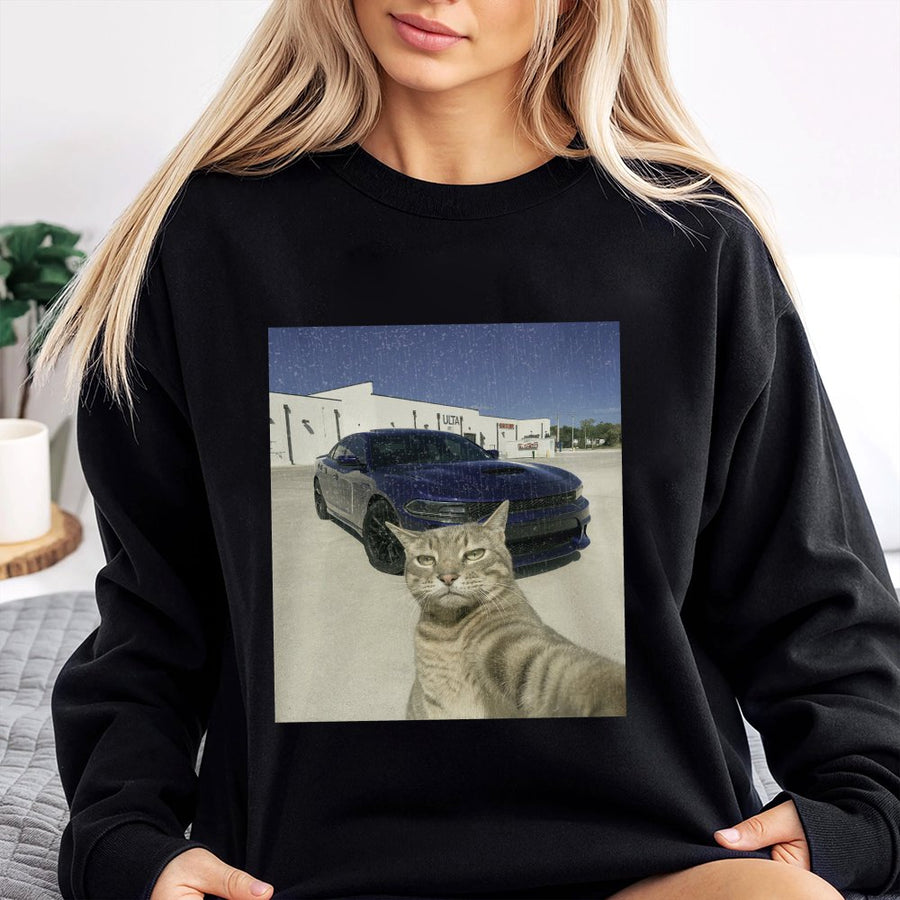 Funny Cat Selfie Sweatshirt | Viral Meme Graphic Pullover | Soft Cotton Blend Unisex Apparel | Unique Animal Lover Gift for Men and Women