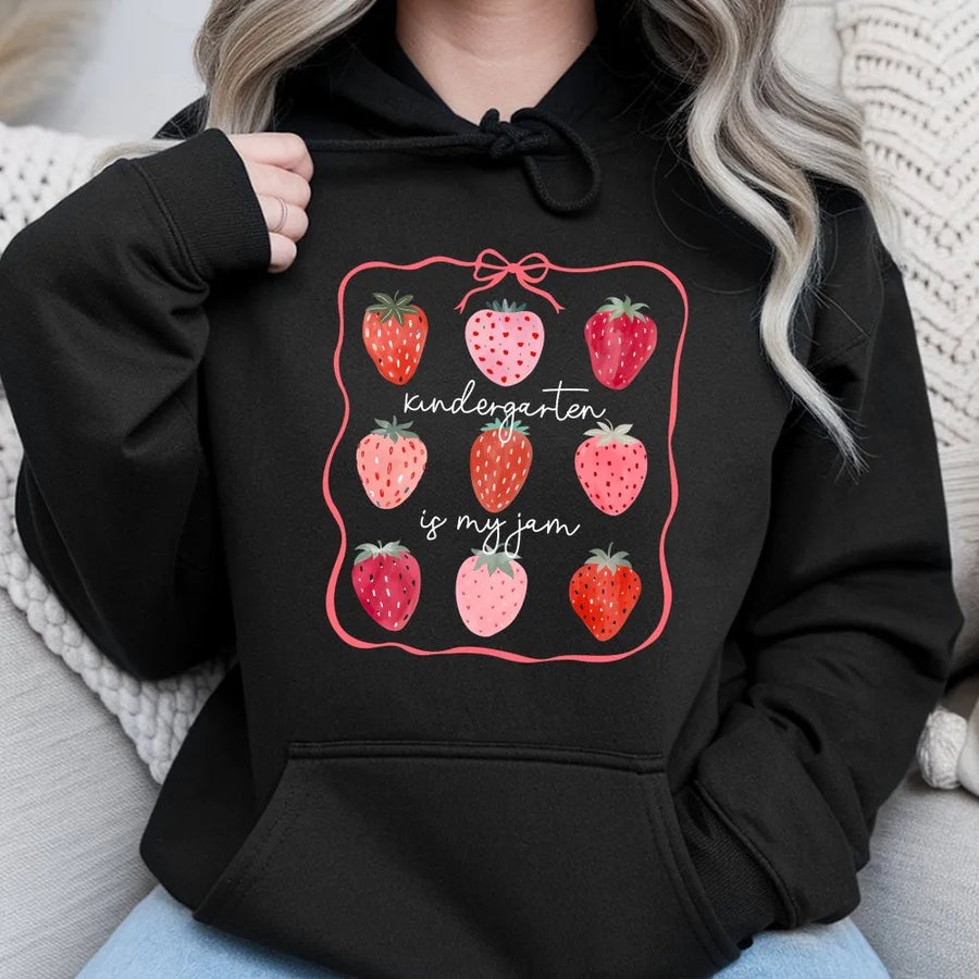Kindergarten Is My Jam Hoodie | Cute Strawberry Teacher Design | Premium Cotton Blend Pullover | Back To School Gift For Kindergarten Teacher