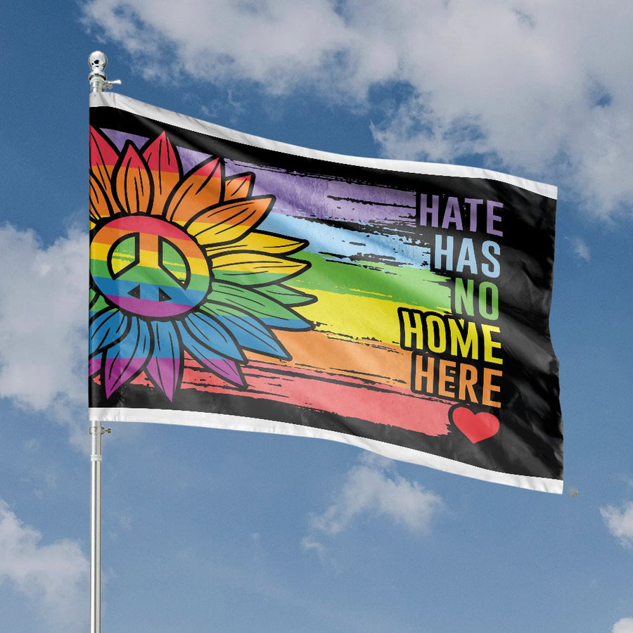 Hate Has No Home Here House Flag | Rainbow Sunflower Peace Sign | Durable Weather-Resistant Polyester | LGBTQ Pride Home Decor Outdoor Gift