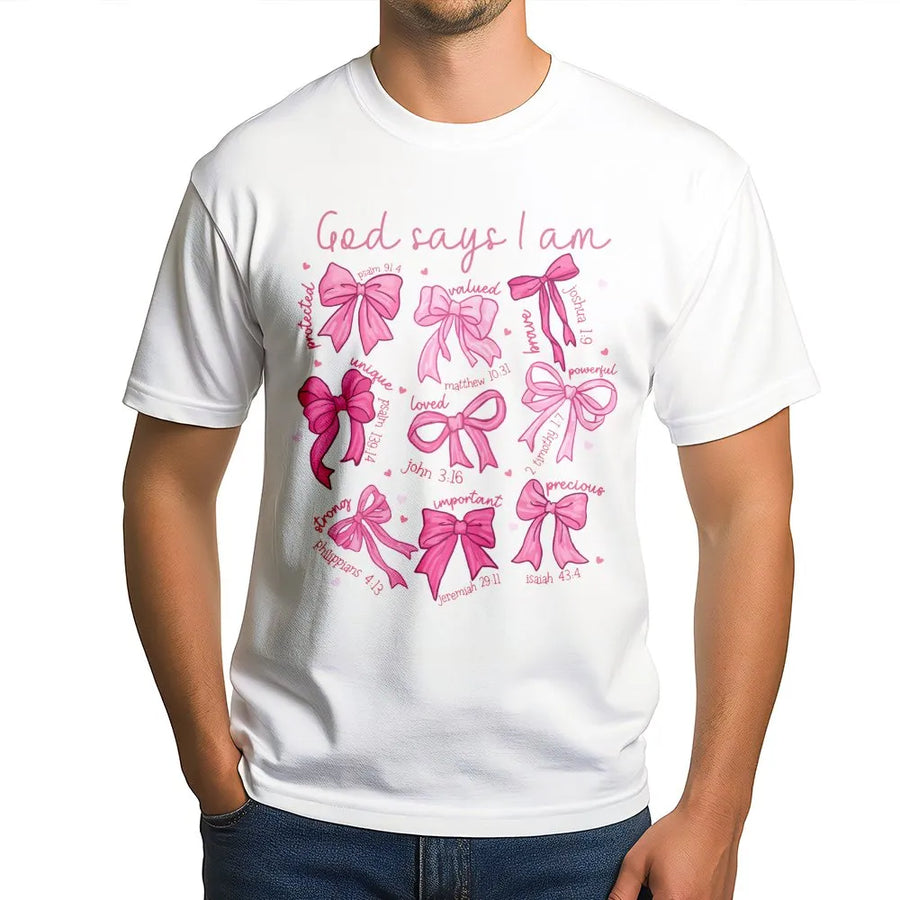 God Says I Am T-Shirt | Scripture Bow Aesthetic Graphic Tee | 100% Cotton Premium Comfort | Inspirational Faith Based Gift For Women