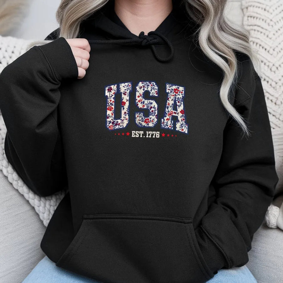 Girly USA Hoodie | Floral Patriotic Est 1776 Sweatshirt | Cozy Cotton Blend | 4th of July Gift for Women