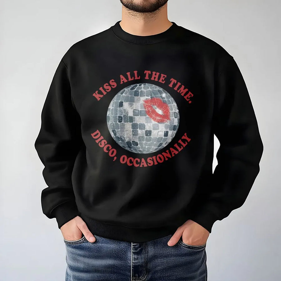 Retro Disco Ball Sweatshirt | Kiss All The Time Graphic | Soft Cotton Crewneck | Y2K Concert Gift for Women