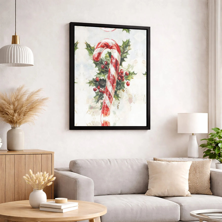Christmas Candy Cane Canvas Wall Art | Festive Watercolor Holly Berries Decor | Premium Gallery Wrap Print | Holiday Home Office Gift