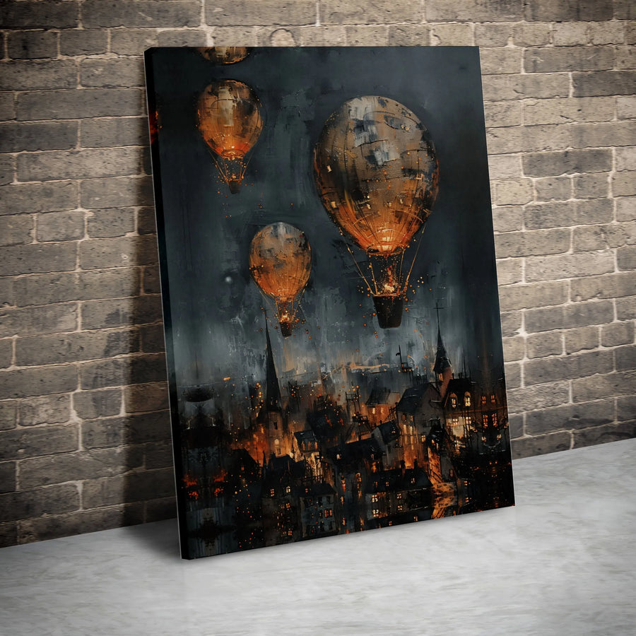 Steampunk Hot Air Balloon Canvas Print | Gothic Night Cityscape Wall Art | Premium Fade-Resistant Decor | Moody Home Office Statement Gift