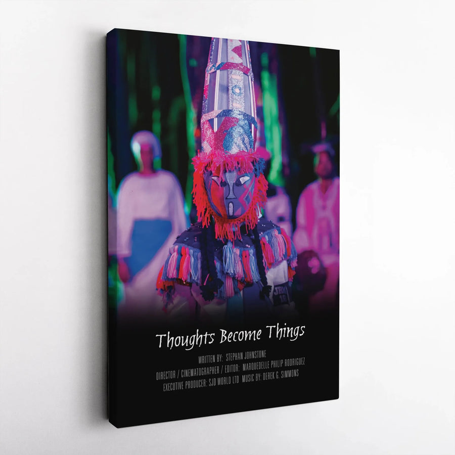 Thoughts Become Things Cultural Mask Canvas | Vibrant Folklore Wall Art | 1.25-Inch Premium Gallery Wrap | Unique Gift for Documentary Lovers