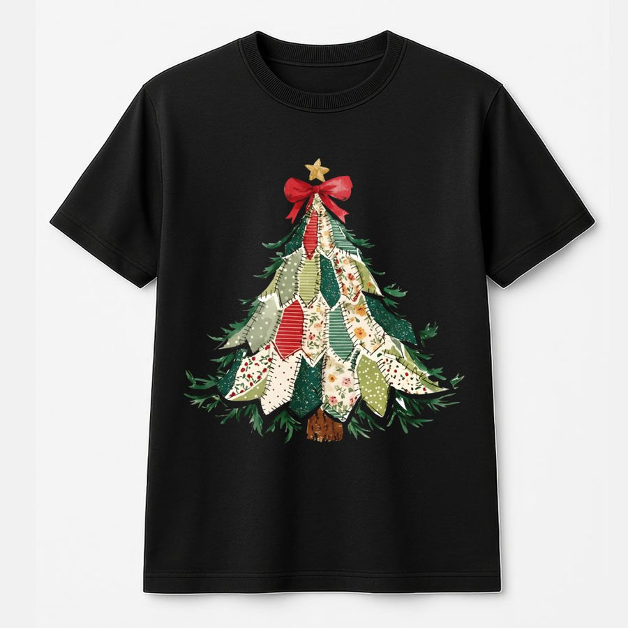 Patchwork Christmas Tree T-Shirt | Rustic Holiday Pattern Graphic Tee | 100% Premium Cotton | Cute Festive Gift for Women & Teens