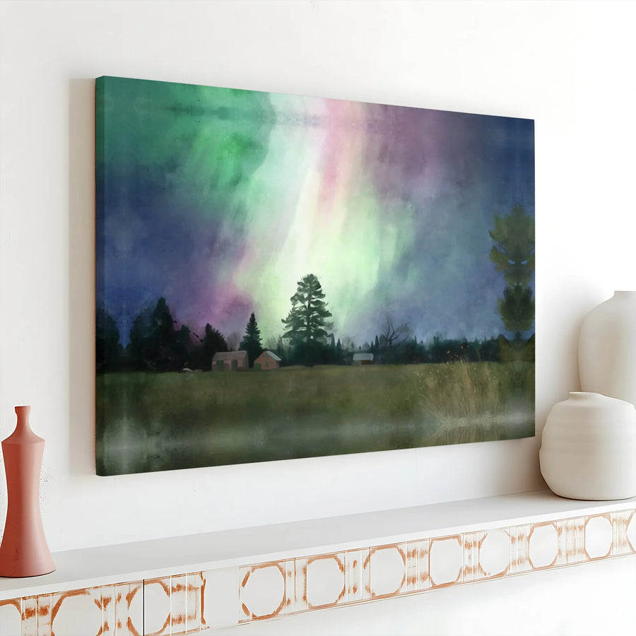 Northern Lights Canvas Wall Art | Watercolor Aurora Borealis Forest Landscape | Gallery Wrapped Premium Print | Nature Home Decor Gift