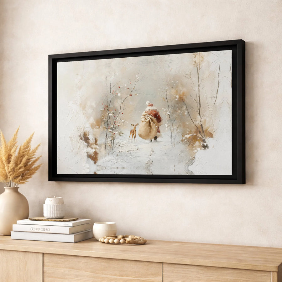 Santa Claus and Reindeer Canvas Art | Whimsical Snowy Forest Christmas Decor | Gallery Quality Premium Print | Festive Holiday Wall Art Gift