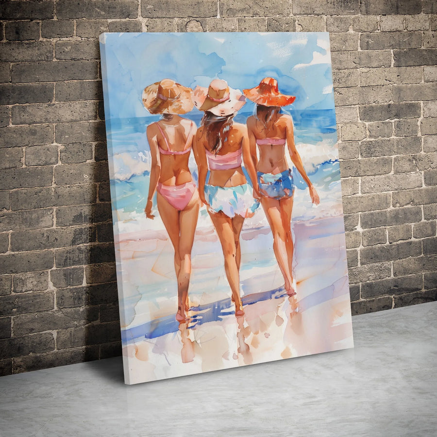 Beach Girls Wall Art | Watercolor Summer Ocean Print | 1.25” Thick Gallery Wrap Canvas | Coastal Home Decor Gift for Best Friends