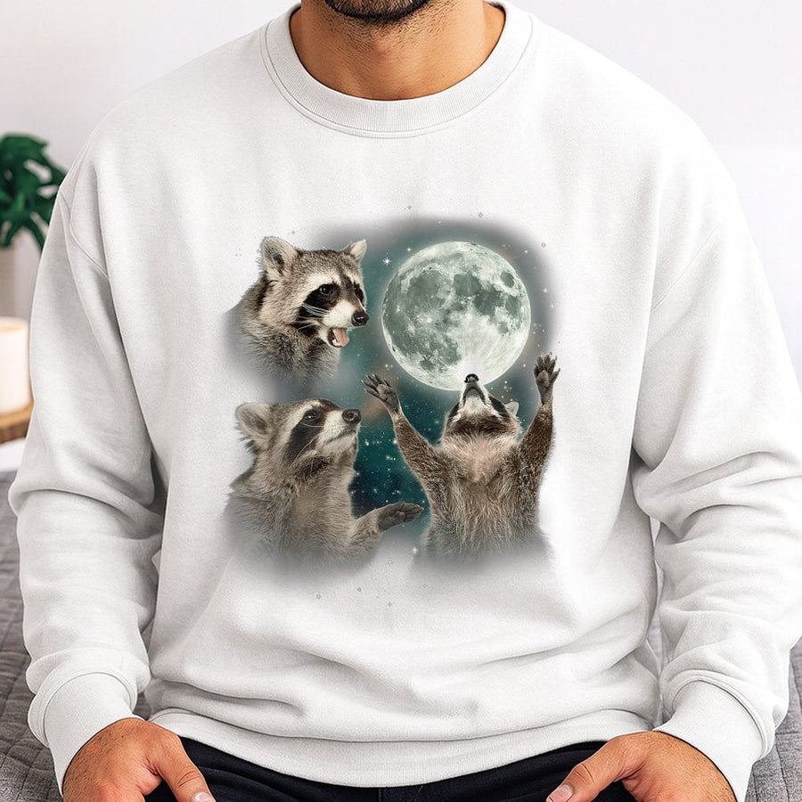 Raccoon Moon Sweatshirt | Funny Celestial Animal Graphic | Cotton Blend Premium Crewneck | Unique Wildlife Lover Gift For Men And Women
