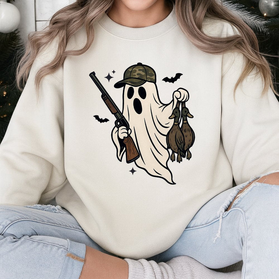 Ghost Duck Hunting Sweatshirt | Camo Hat Spooky Halloween Graphic | Cotton Blend Premium Crewneck | Funny Outdoorsman Hunter Gift for Him & Her