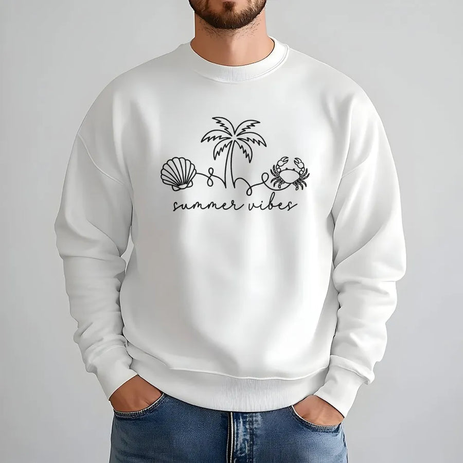 Summer Vibes Sweatshirt | Minimalist Beach Graphic with Seashell & Crab | Soft Cotton Blend Pullover | Coastal Vacation Gift for Her