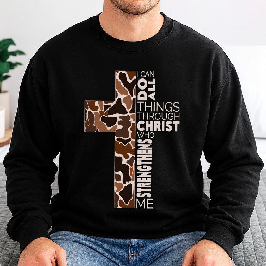 I Can Do All Things Through Christ Sweatshirt | Camo Cross Graphic Print | Premium Cotton Blend Crewneck | Inspirational Christian Faith Gift