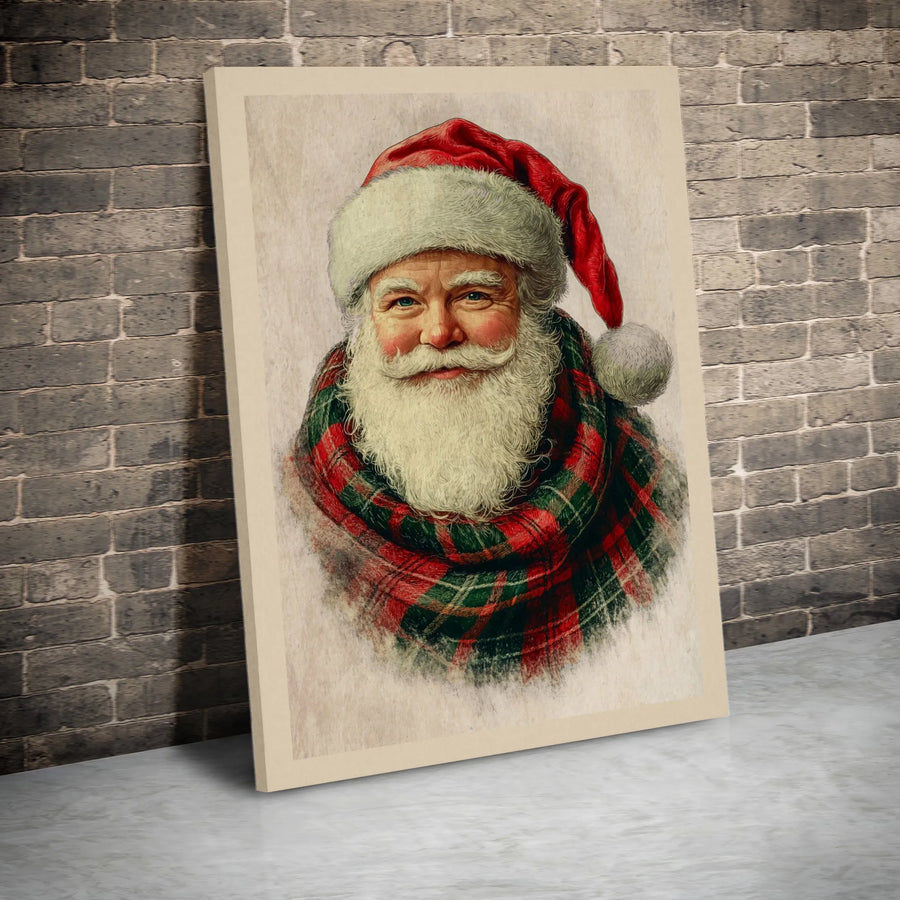 Vintage Santa Claus Wall Art | Traditional Plaid Scarf Portrait | Premium 1.25 Inch Thick Canvas | Classic Christmas Home Decor Gift