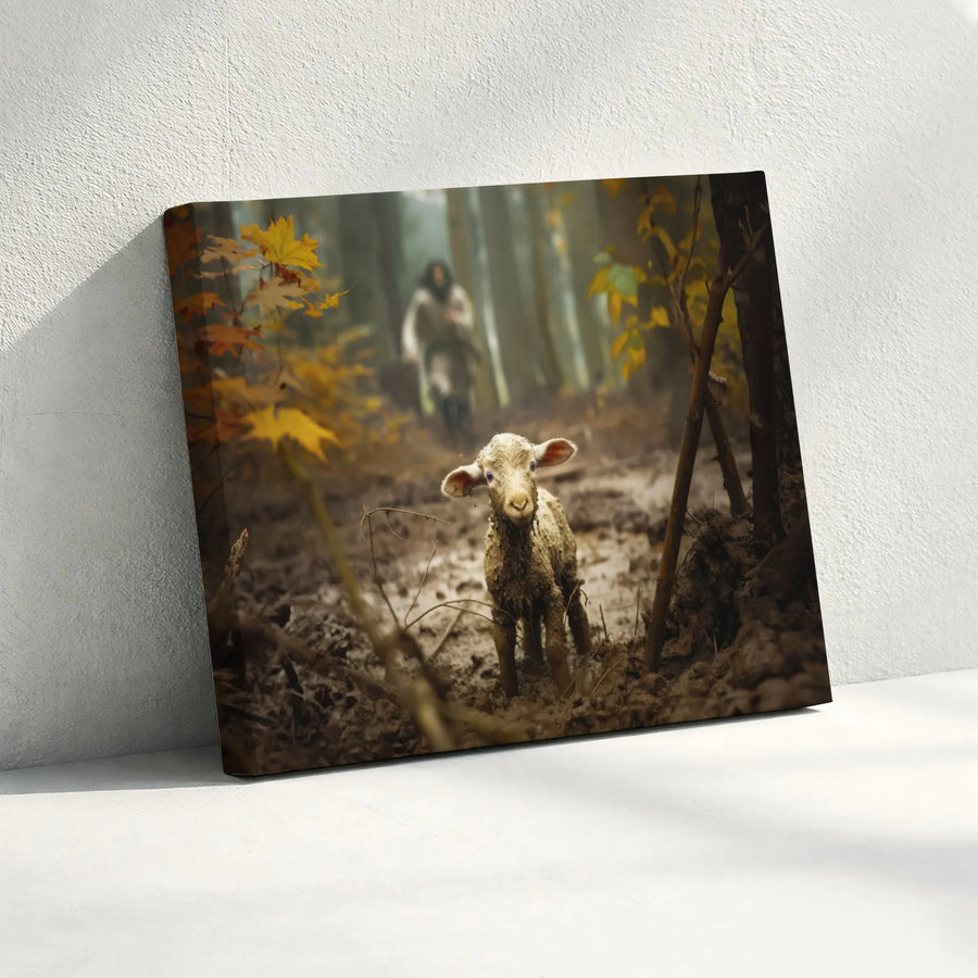 Jesus The Shepherd Canvas Print | Lost Lamb In Autumn Forest Wall Art | Premium 1.25-Inch Gallery Wrap | Spiritual Christian Home Decor Gift