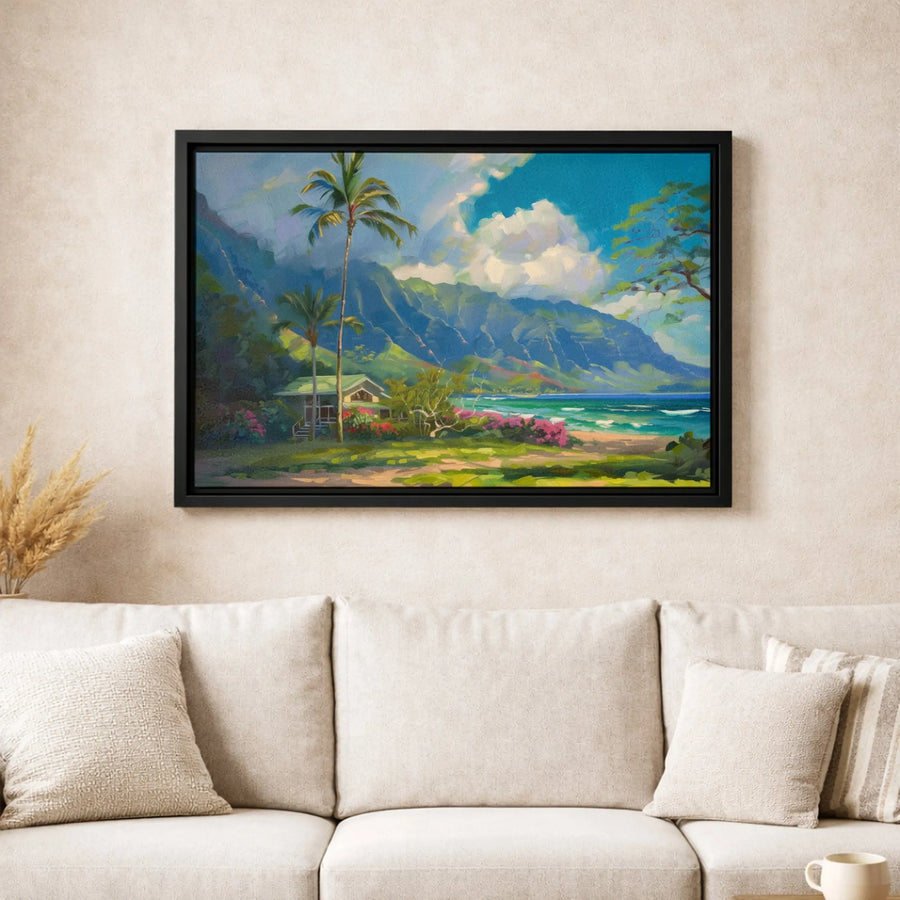 Tropical Hawaiian Landscape Canvas Art | Coastal Palm Tree Beach House Painting | Premium Fade-Resistant Gallery Wrap | Home Office Wall Decor