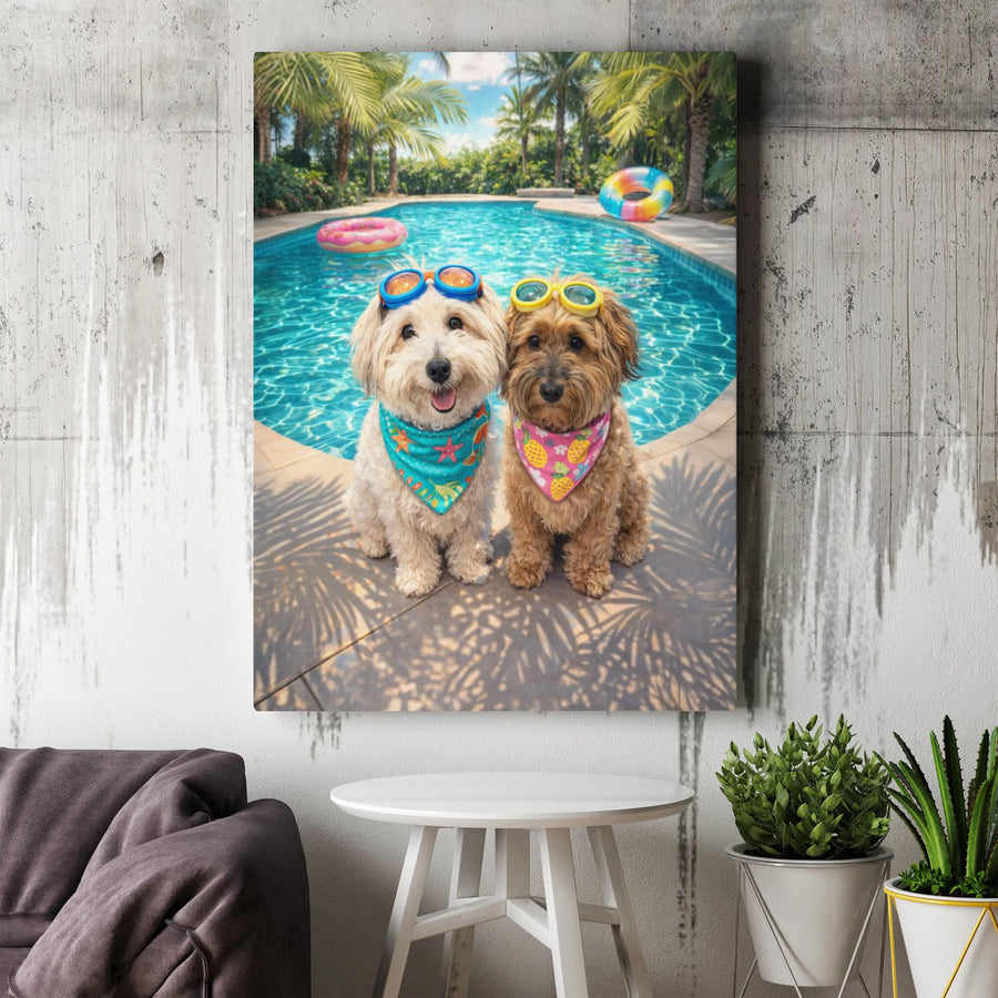 Dogs by Pool Canvas Art | Funny Puppies Wearing Sunglasses | Premium Gallery Wrapped Canvas | Humorous Wall Decor Gift for Dog Lover