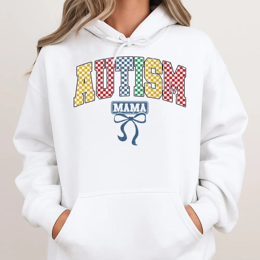 Autism Mama Hoodie | Colorful Checkerboard Print Awareness Design | Premium Cotton-Poly Blend Sweatshirt | Gift for Autism Mom Support