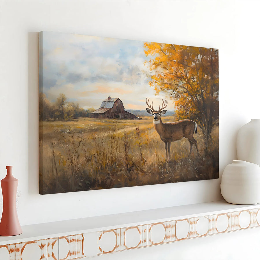 Rustic Deer Canvas Wall Art | Whitetail Buck & Autumn Barn Landscape | Premium Gallery Print | Farmhouse Cabin Decor Gift for Hunter